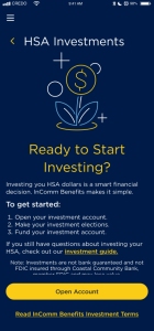 HSA investment welcome screen on the InComm Benefits app