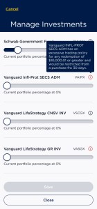 Manage HSA Investments screen in the InComm Benefits mobile app