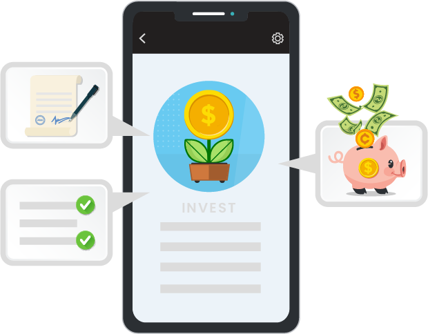 Illustration of a mobile app with investment graphics