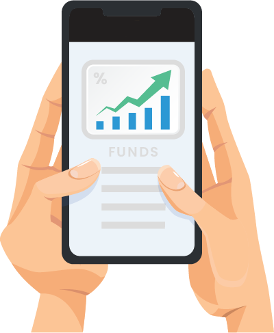 Illustration of hands holding a mobile phone showing the HSA investment app interface