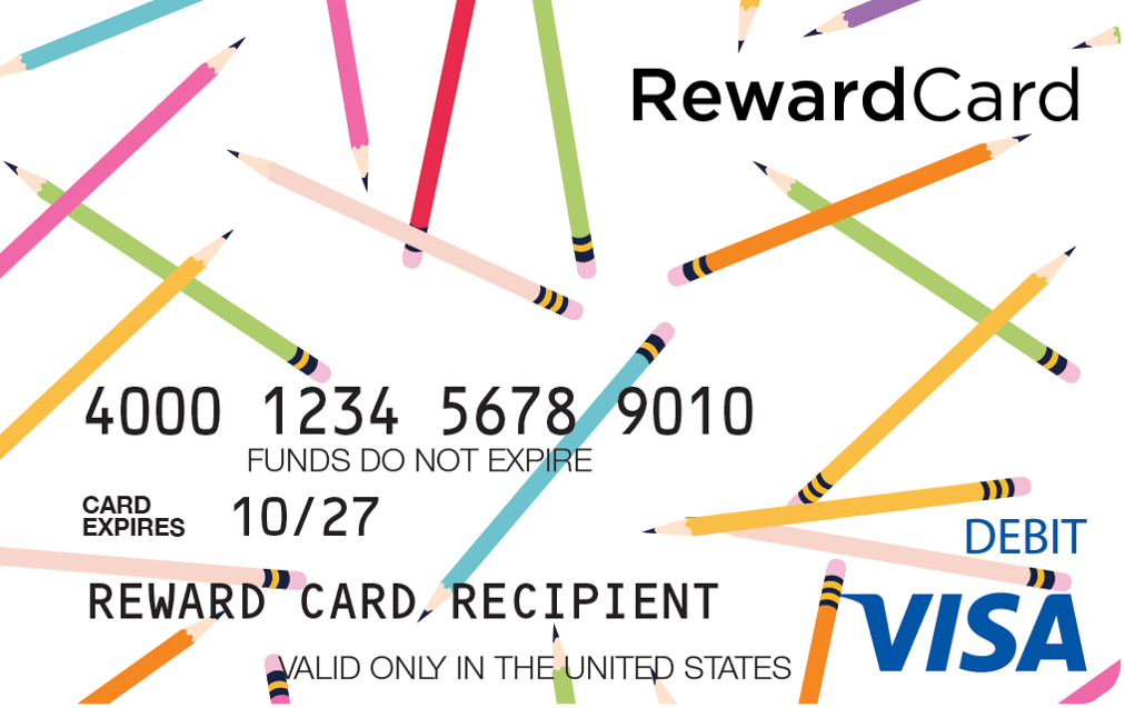 Illustrated reward card design with scattered colored pencils and sample card data (number, expiry), featuring VISA and 'DEBIT' labels.