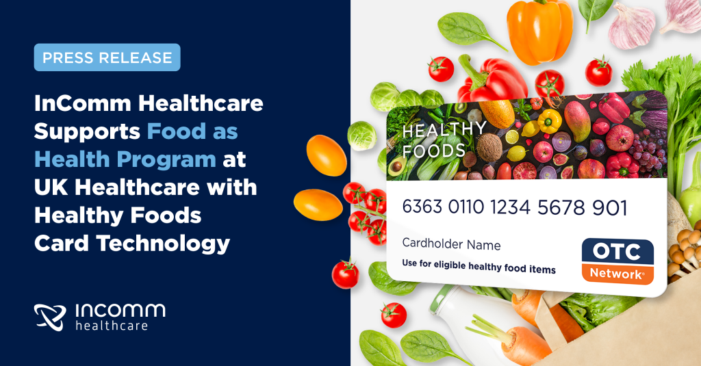 Press release banner announcing InComm Healthcare's Food as Health Program at UK Healthcare with Healthy Foods Card Technology (visual collage)