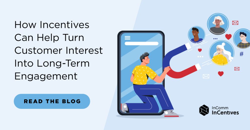 Illustration of a person stepping out of a smartphone toward floating customer avatars, promoting a blog about incentives.