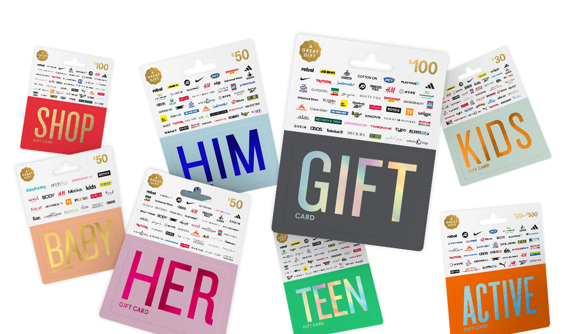 TCN_Hero-IMG Assorted gift cards fanned out with bold color blocks and large labels like SHOP, BABY, HER, HIM, TEEN, KIDS, ACTIVE, and a central GIFT CARD.